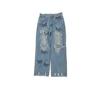 Shein Baggy Distressed Butterflies Stars Women's size 6 Blue Denim jeans